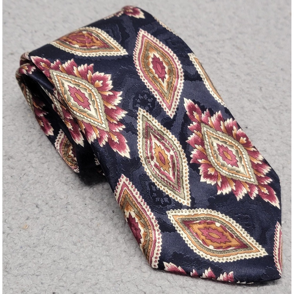 Hardy Amies Tie Necktie Mens Navy Burgundy All Silk‎ Geometric Medallion Floral